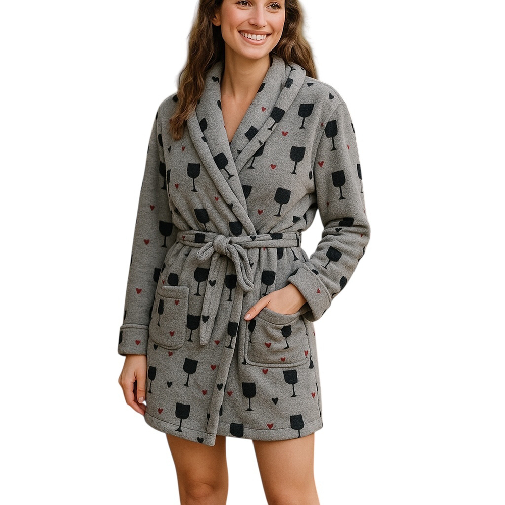 PJ Salvage Robe Womens M Gray Heart Wine Plush Loungewear